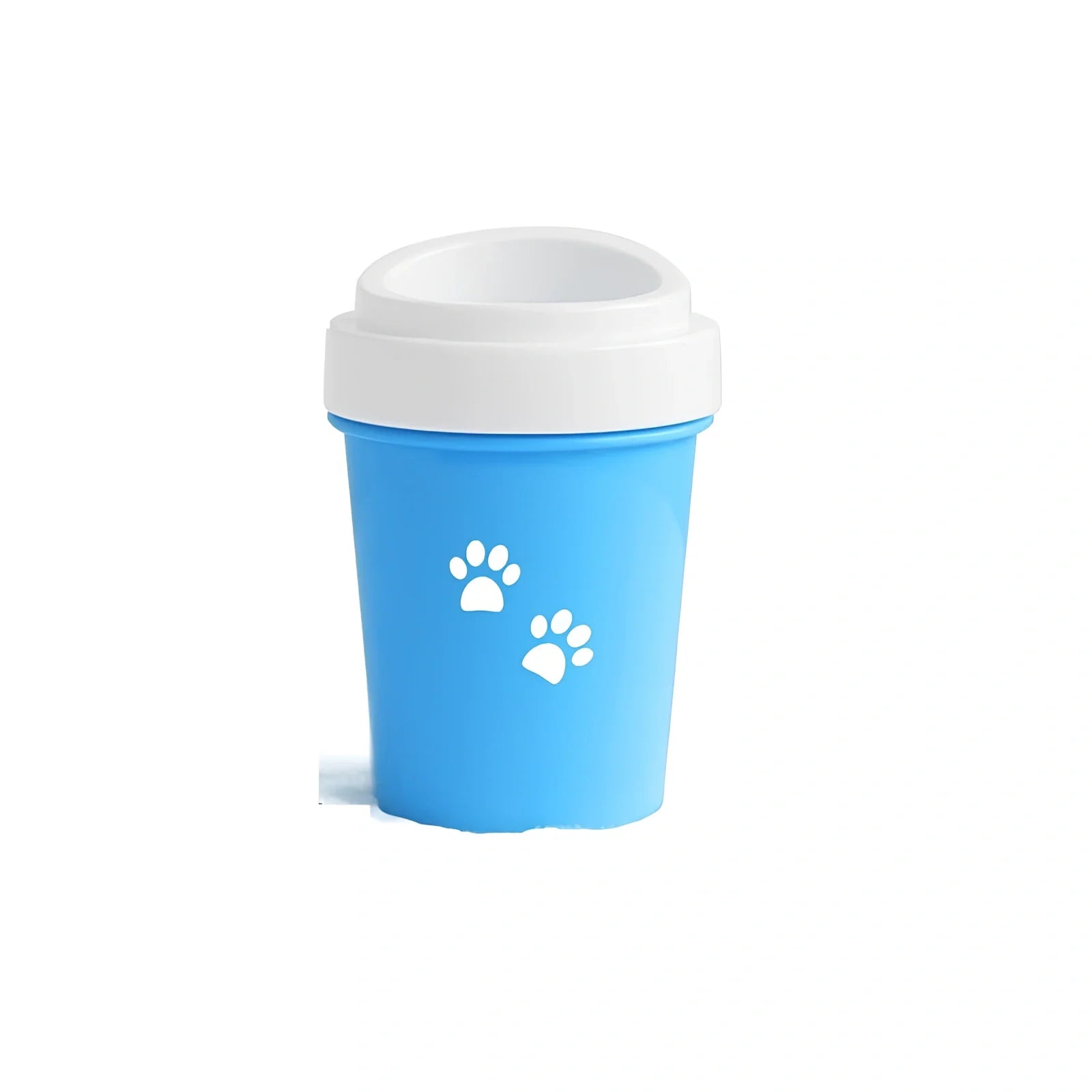 Blue silicone dog paw cleaning cup with soft bristles and stable base design