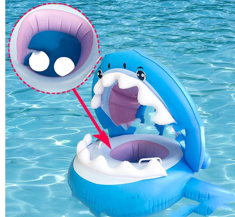 Inflatable shark seat ring for kids with sun awning, blue