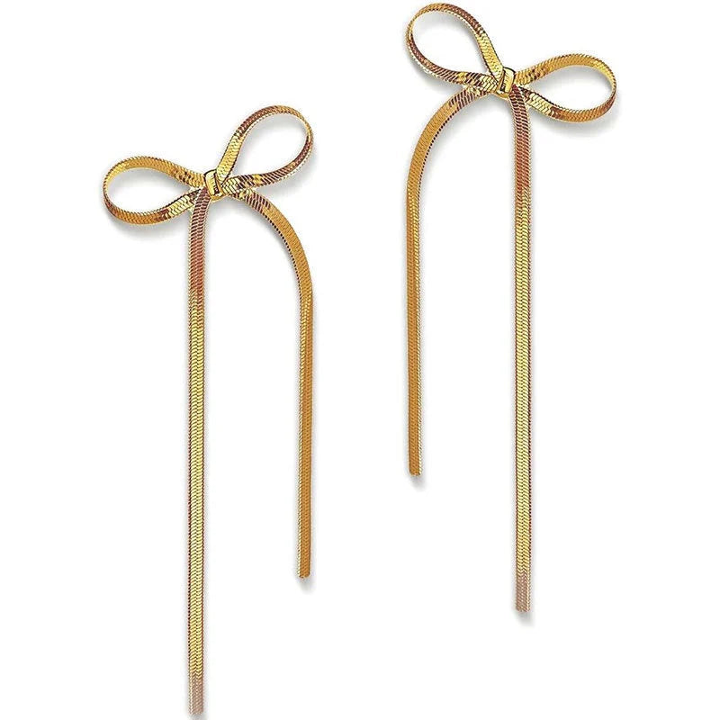 Hypoallergenic 18k gold plated herringbone bow earrings with tassel tails