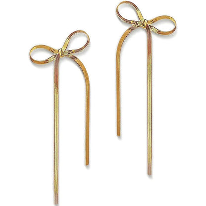 Hypoallergenic 18k gold plated herringbone bow earrings with tassel tails