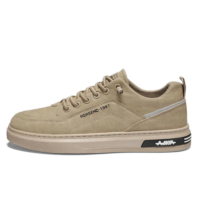 Men's low-top casual shoes in khaki with round toe, flat rubber sole, and PU upper material