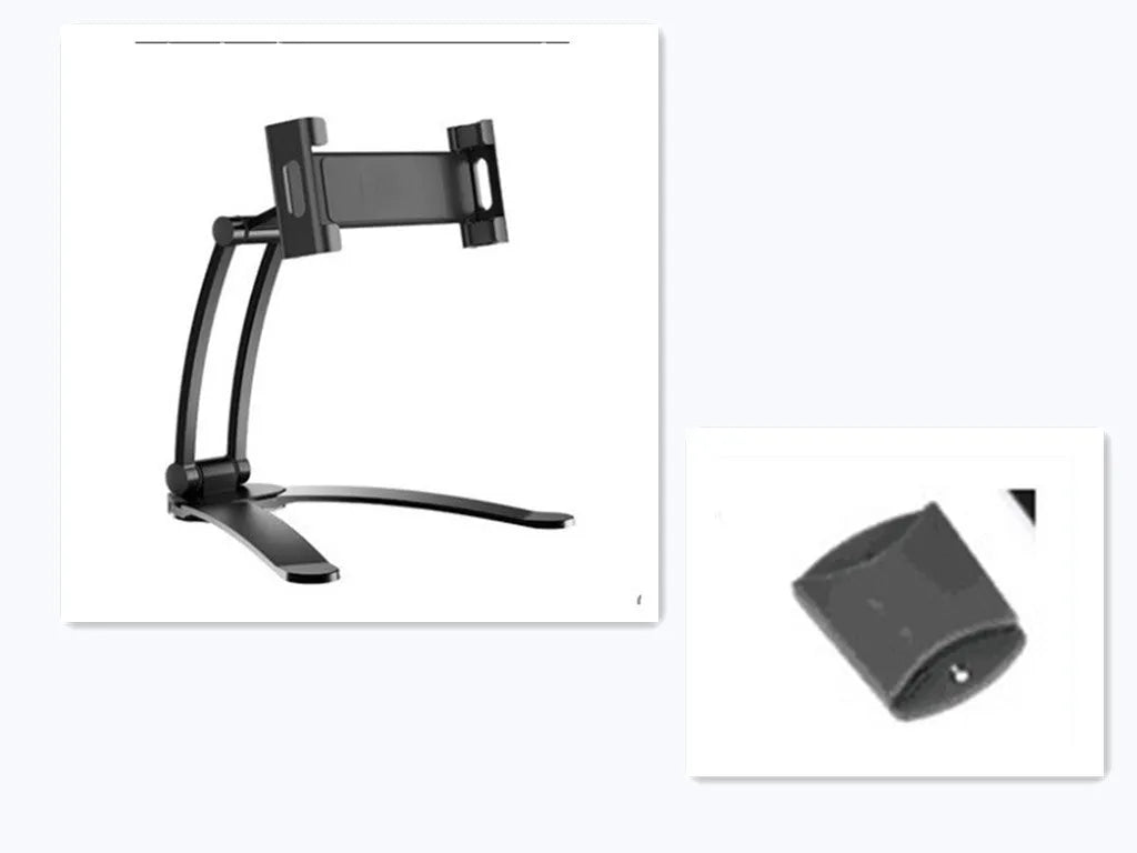 Silver aluminium alloy desktop tablet stand holding a tablet at an adjustable angle
