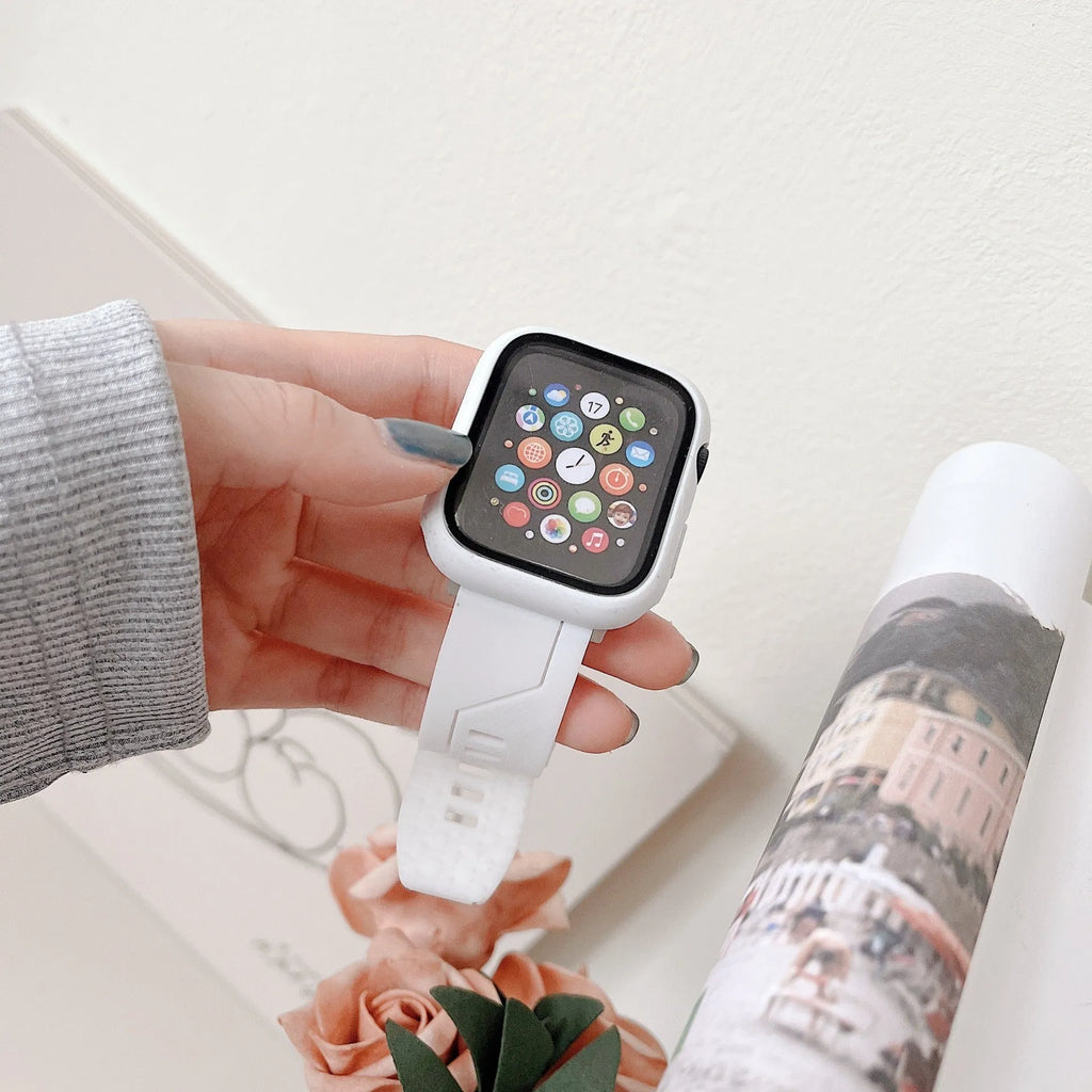 Silicone strap and watch case set in black, white, and blue colours showing flat 22mm interface for iWatch