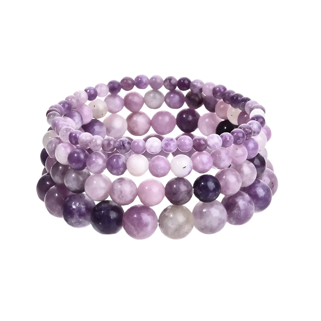 Purple handmade natural stone bead bracelet with geometric shape and elastic cord.