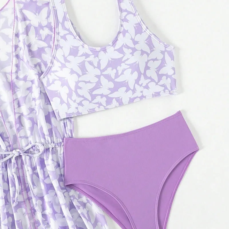 Girls' three piece split swimsuit cover print set in polyester for swimming.