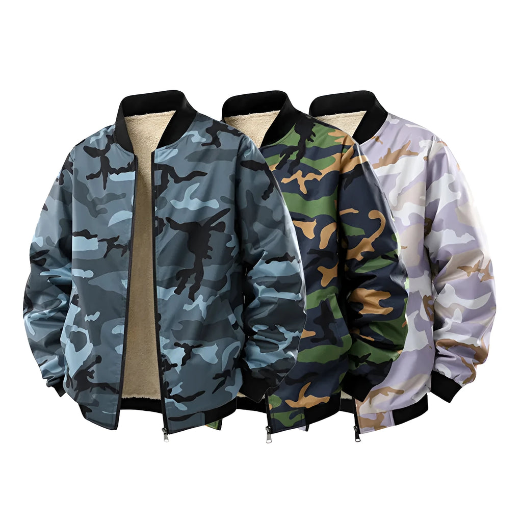 Men's fleece-lined thickened casual camouflage jacket in army green, loose fit, polyester blend