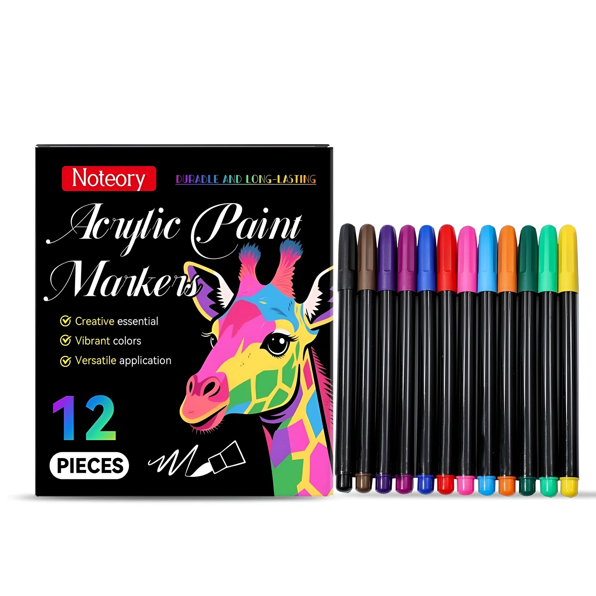 Set of 12 acrylic paint markers in assorted vibrant colours for crafts and art.