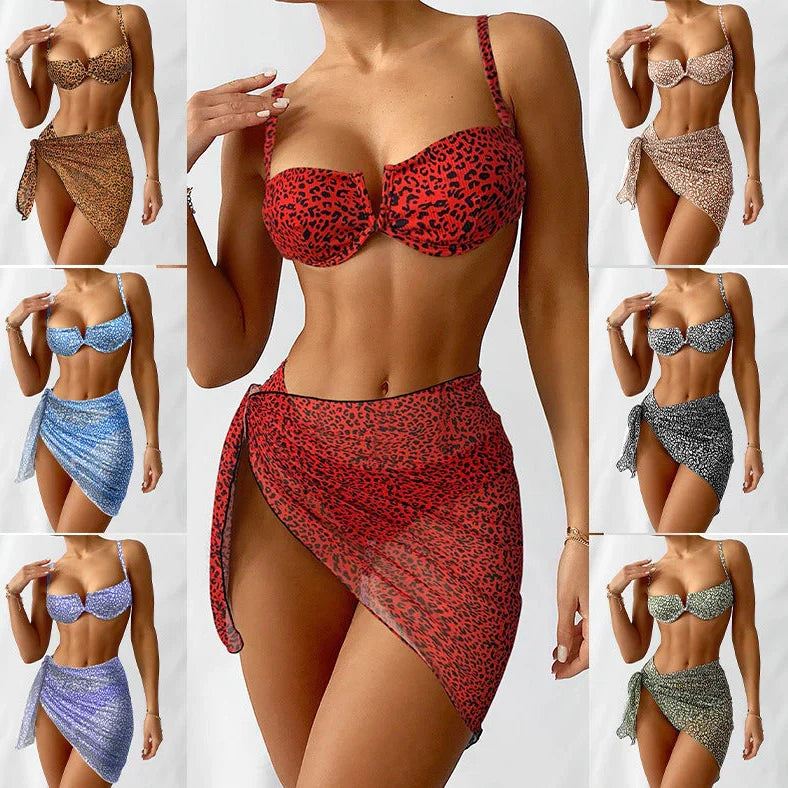 Three-piece floral bikini beach dress set with matching skirt in multiple colour options