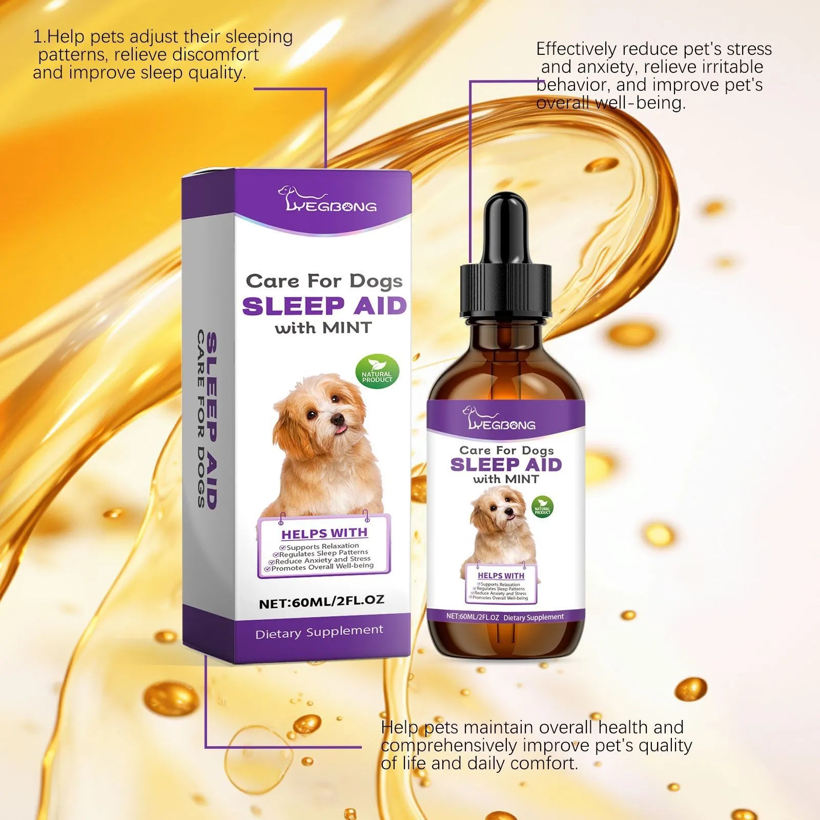 60ml Dog Sleep Drops bottle with dropper for pet nighttime calming