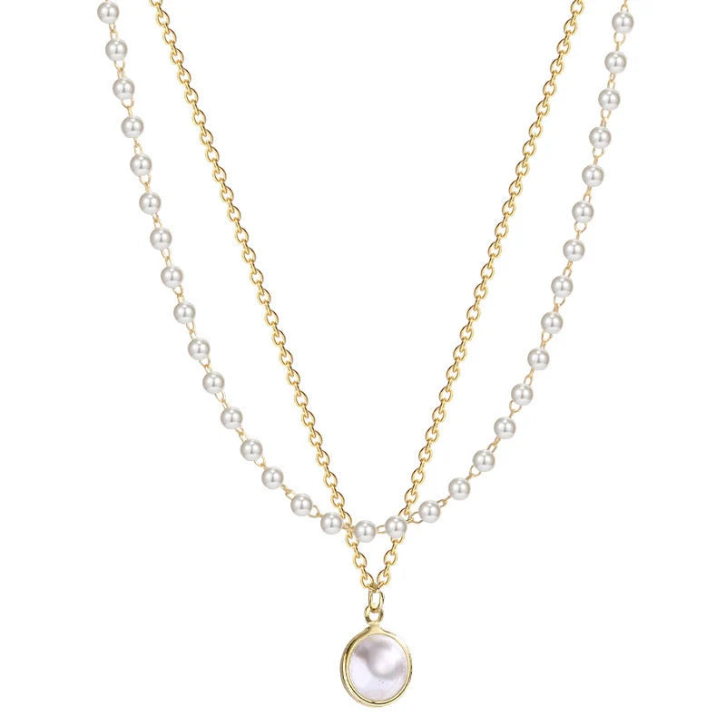 Double-layer pearls necklace with adjustable chains for summer wear