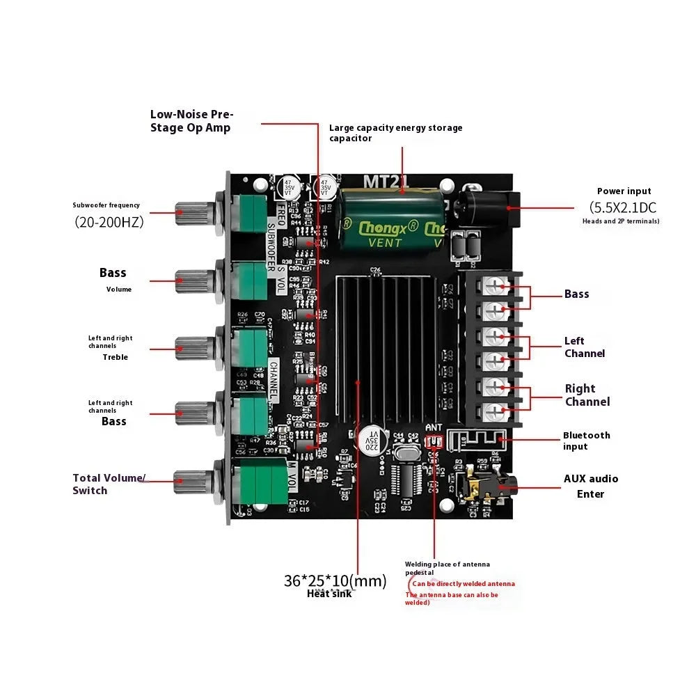 MT21 Bluetooth digital amplifier board PCB with 324 communication interface for DIY subwoofer speaker project
