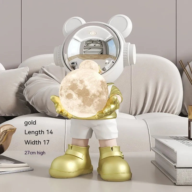 Gold resin desktop space bear moon night light astronaut decoration with stick-on silver mask