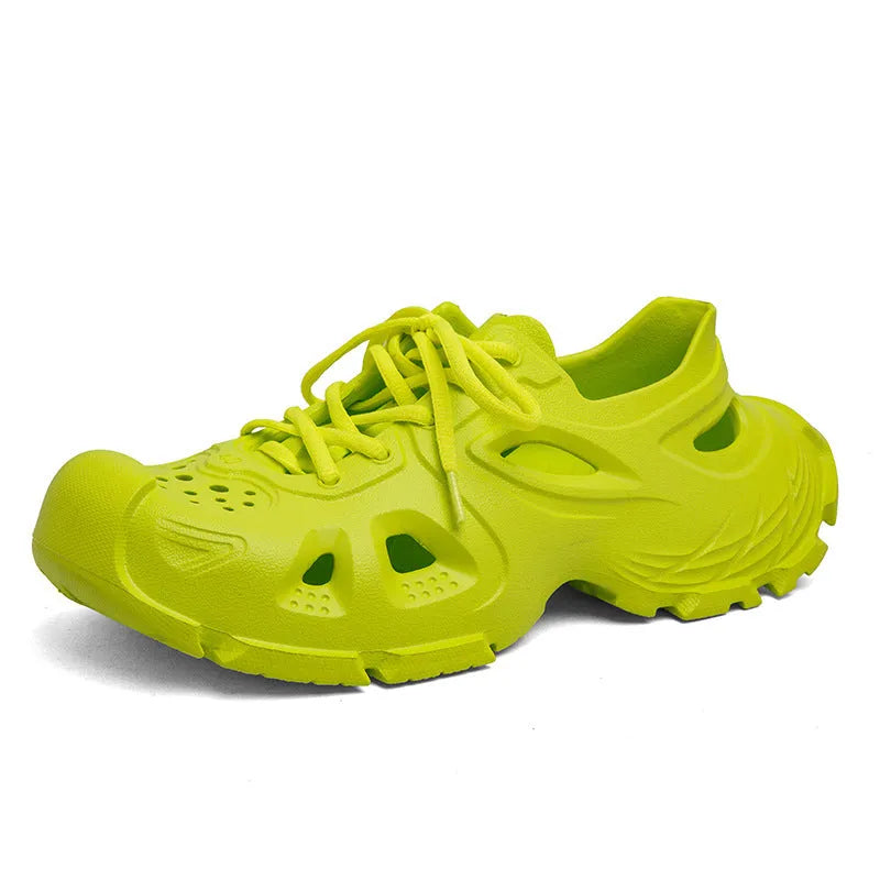 Men's black lace-up sports sandals with an EVA sole and round toe holder on an outdoor surface.