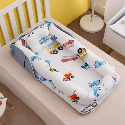 Foldable cotton portable baby crib in Animal World Blue, 90x50 cm with pillow and strap, weighing 1.3 kg
