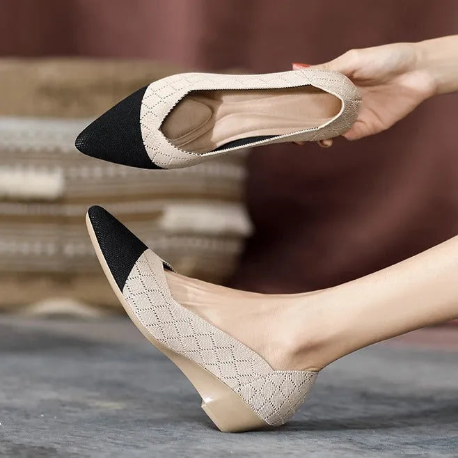 Women's wedge knit casual shoes in black and white plaid with 3-5cm heel and shallow-cut vamp