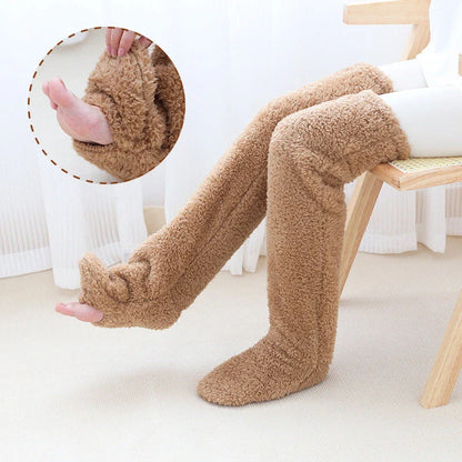 Cozy over-the-knee fuzzy socks in various colors, designed to keep your legs and knees warm during the winter season.