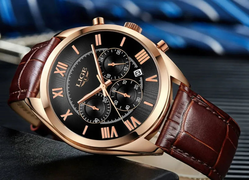 Men's sport quartz chronograph watch with black dial, leather strap, alloy case, date window, and 30M water resistance