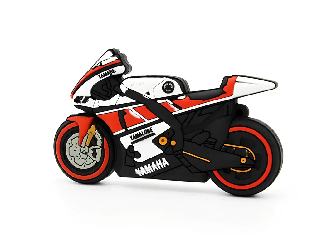 Red white cartoon motorcycle USB drive with 16cm wrist strap, 15g weight, 64GB capacity option