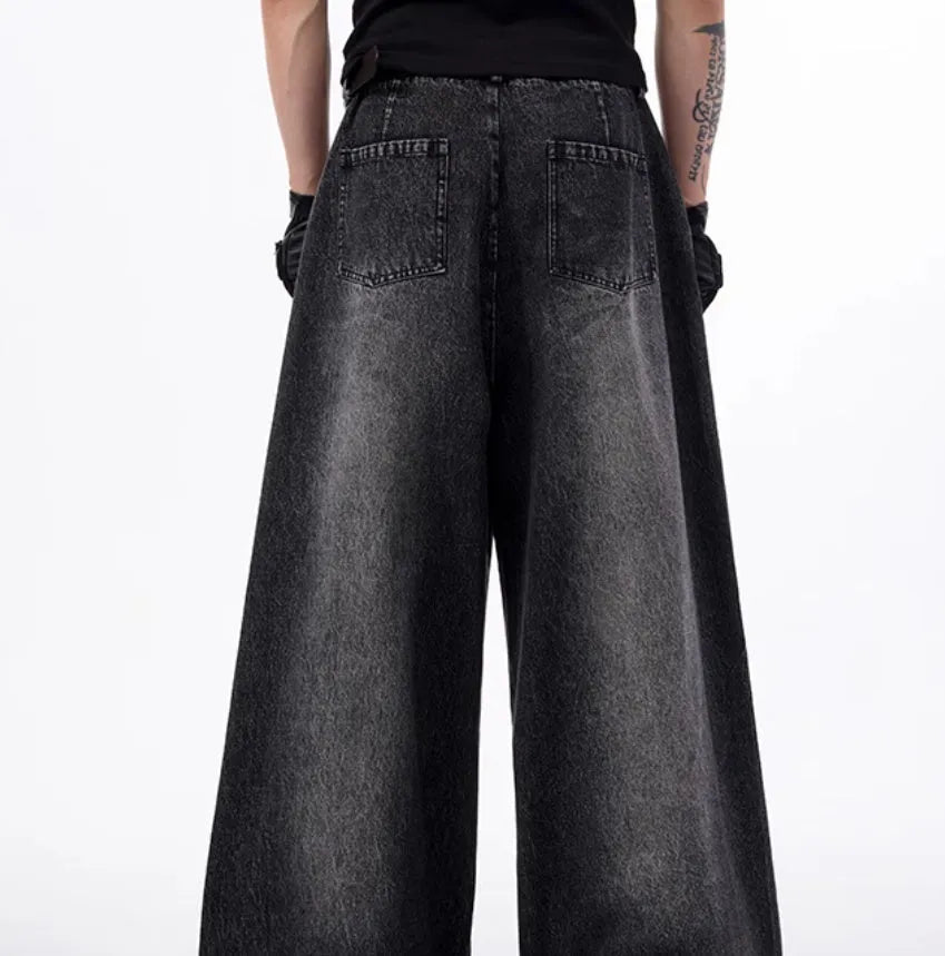 Black and grey washed wide leg pants with matching waistcoat, Korean style cotton denim set