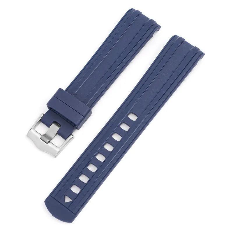 20mm width watch strap with silver buckle shown in multiple colour options including army green, sapphire blue, and dark red.