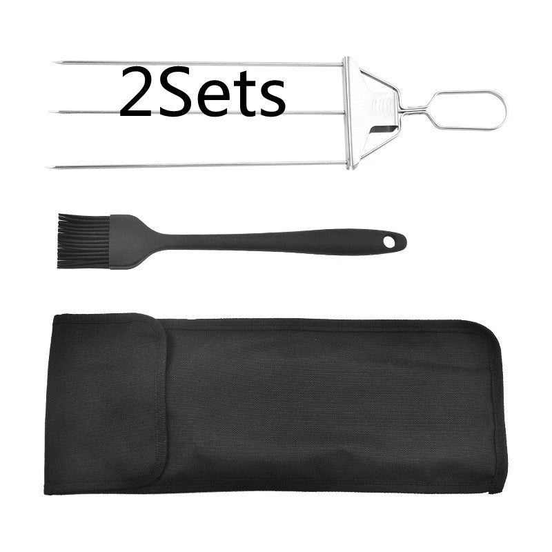 Stainless steel 3-prong BBQ skewer forks for perfect kebabs, non-stick and reusable.