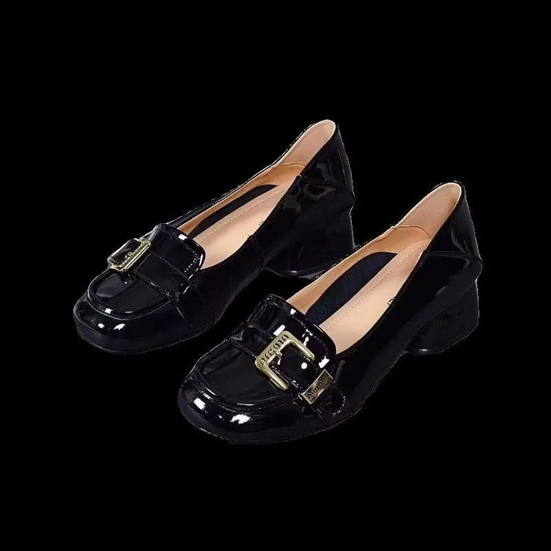 New British soft-soled women's flats in black cowhide leather with square heel