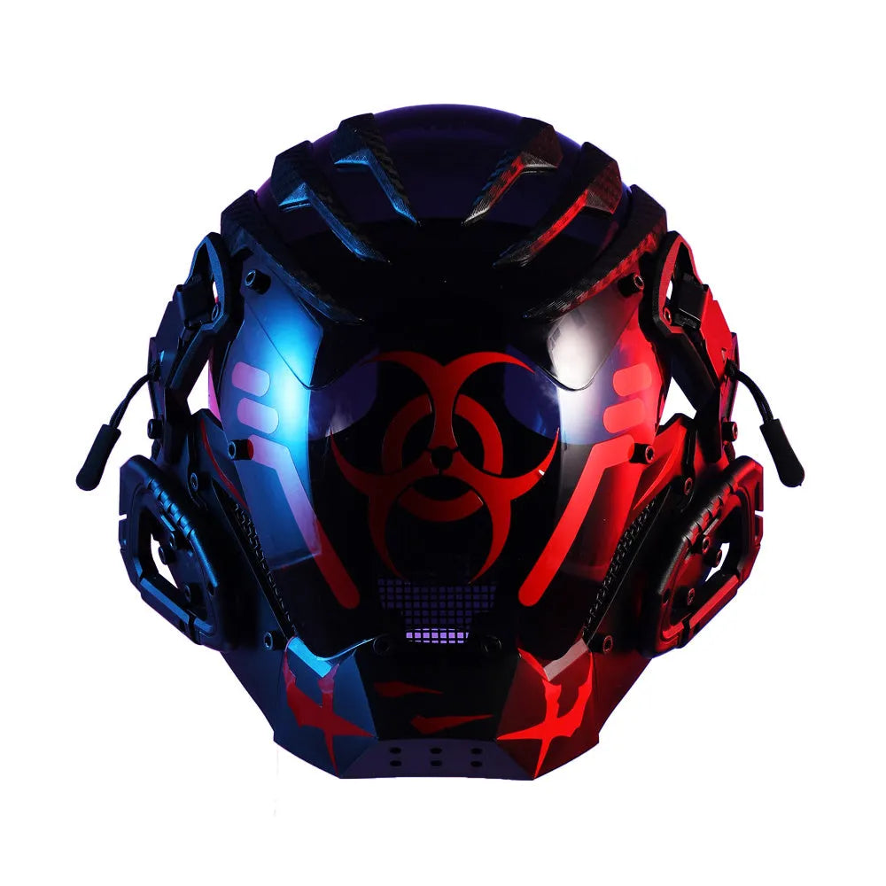 Black full-face cyberpunk prop mask helmet for cosplay and parties.