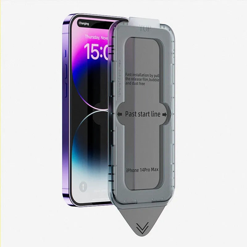 Tempered glass privacy screen protector for iPhone with three finish options: transparent HD, frosted, and peep-proof.