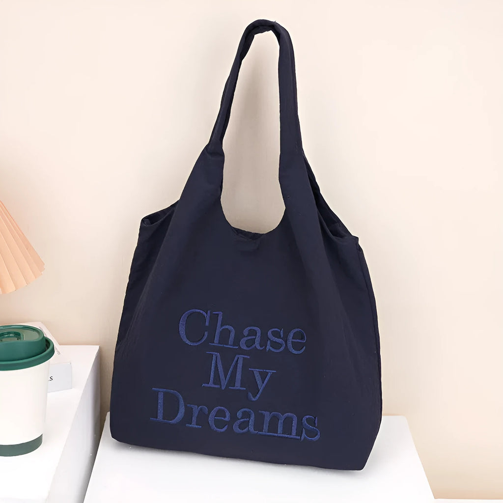 Korean-style 3D letter shoulder bag with minimalist embroidery in horizontal rectangle shape, nylon material, double straps, army green colour