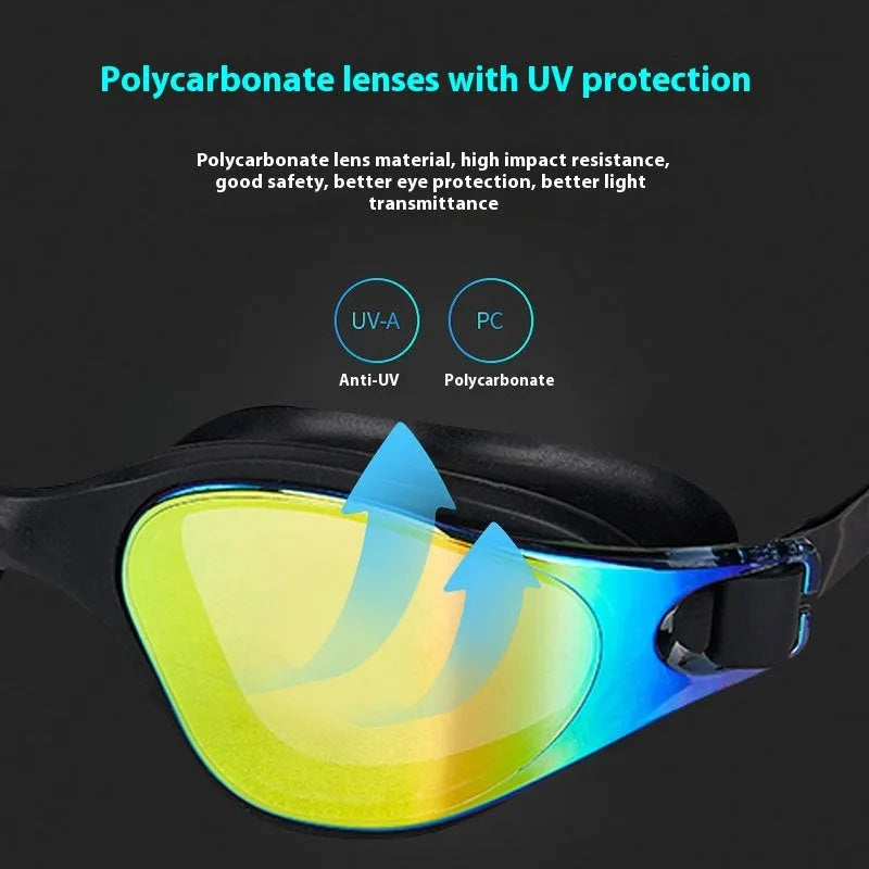 One-piece silicone large frame swimming goggles for adults in a colour option, front view