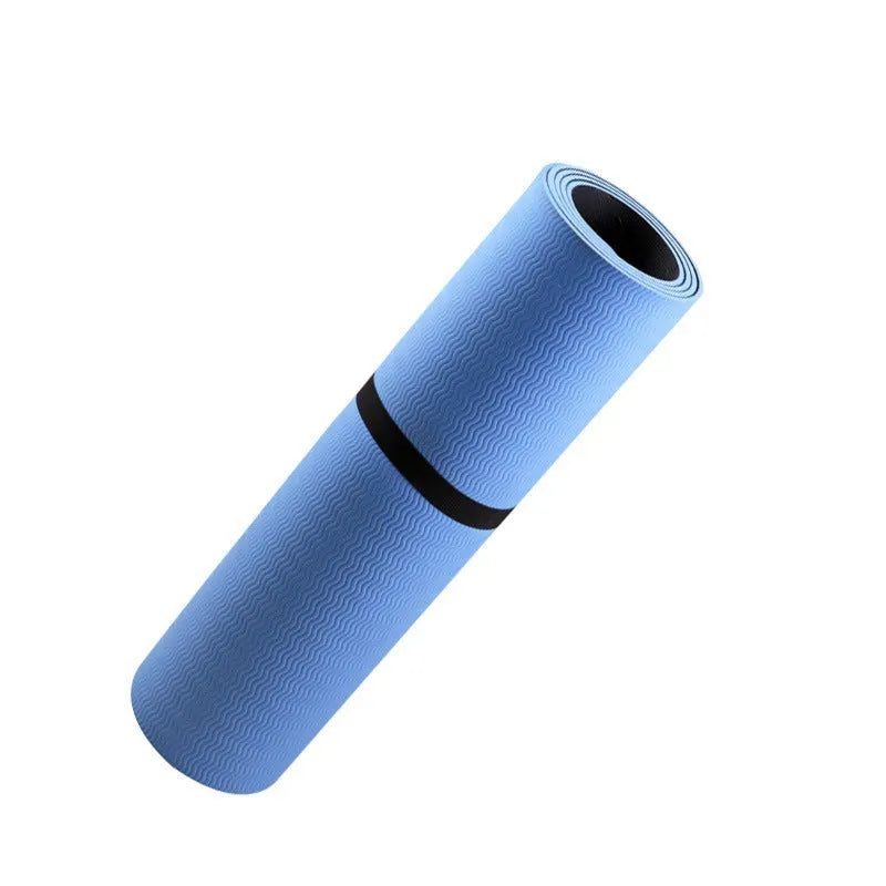 Blue conductive yoga mat with plants pattern, 182cm long, showing integrated grounding wire on non-slip PU surface.