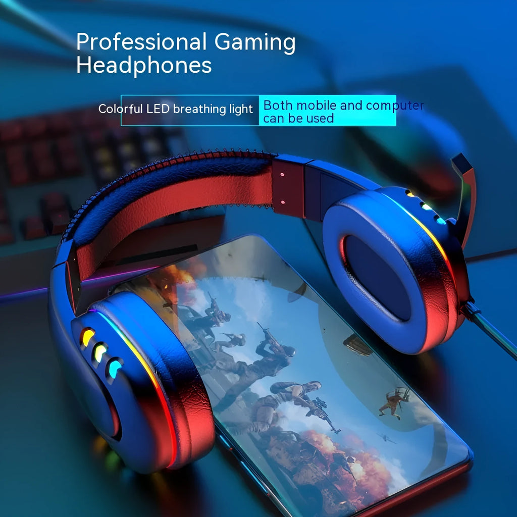 Black gaming headset with colourful LED lighting, omnidirectional microphone, and nylon-braided cable