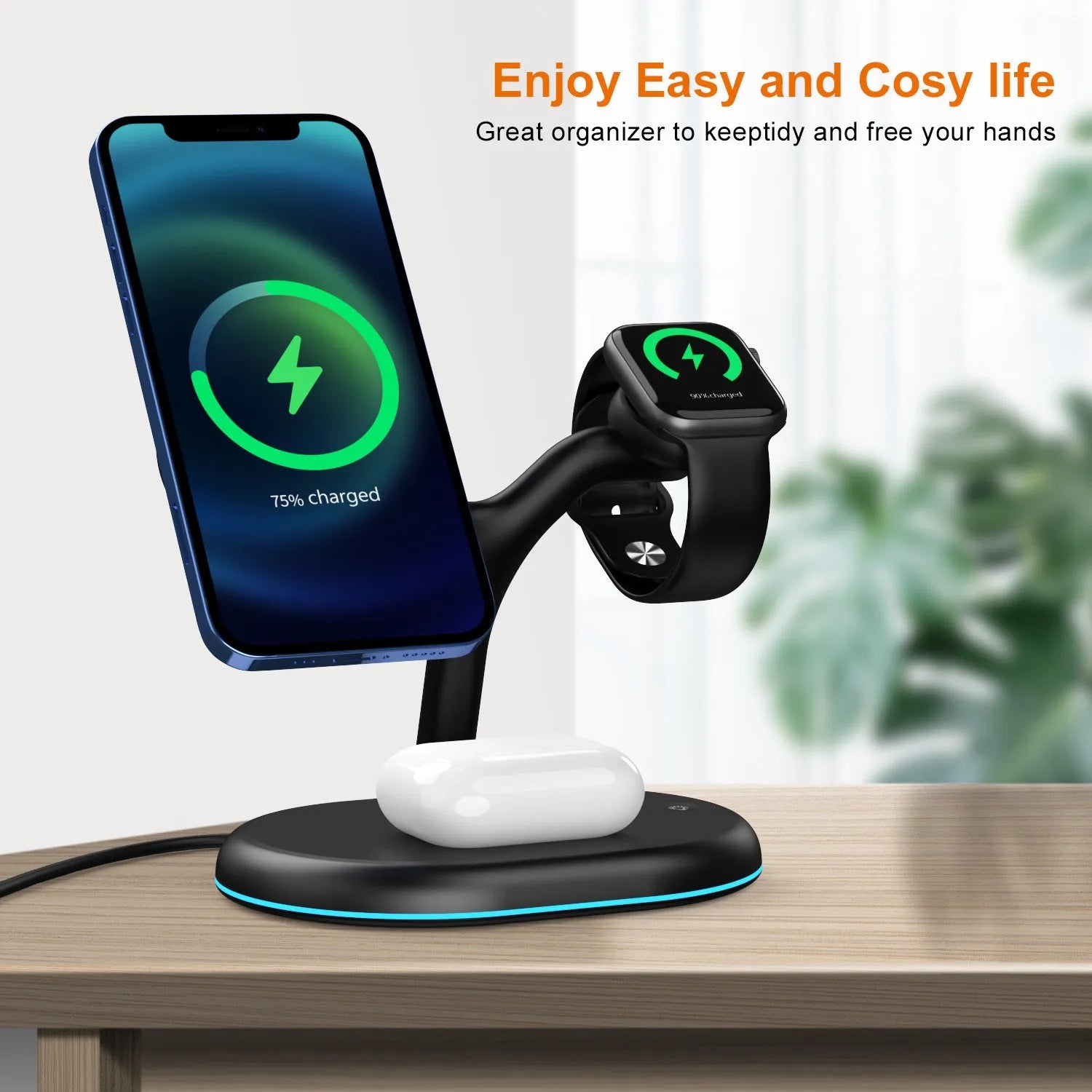 A black magnetic wireless charger with a simple design, showing its ABS plastic casing.