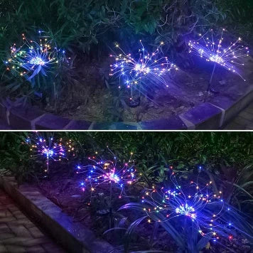 Solar-powered LED fireworks light string for outdoor decoration in various colors