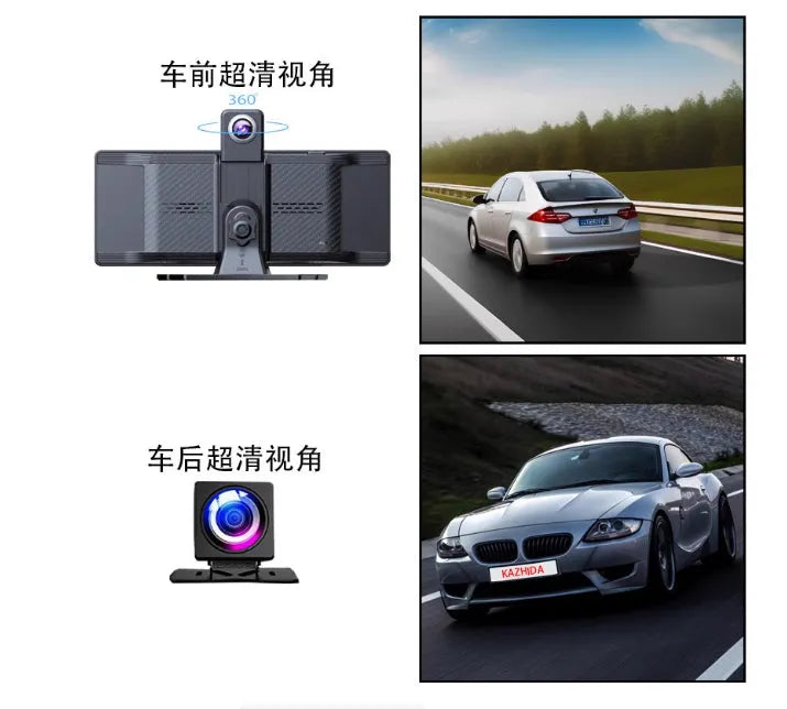 360° panoramic dash cam touchscreen mounted on car centre console with front and rear recording view