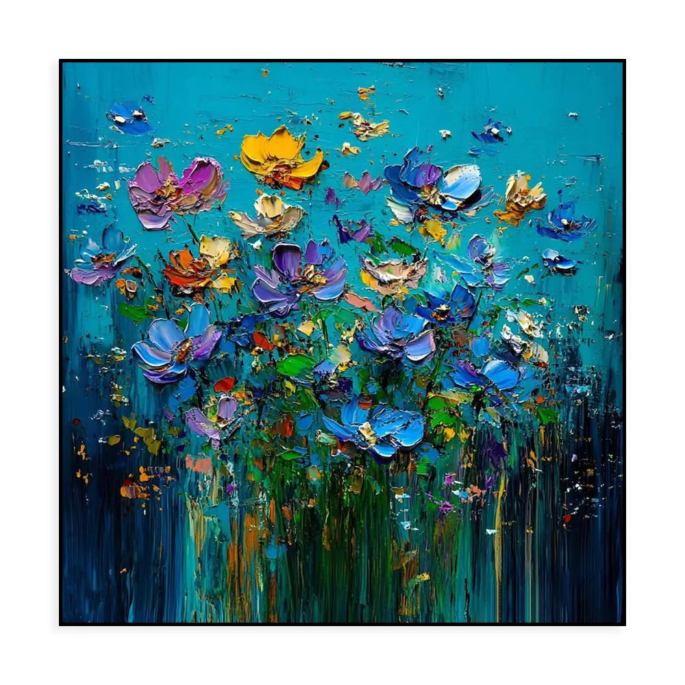 Hand-painted knife flower oil painting on square canvas, modern floral design, unframed, textured 3D effect