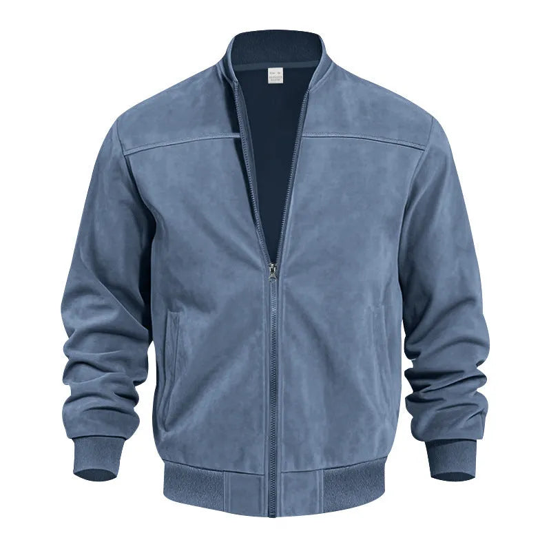 Men's plus size casual suede jacket in Army Green colour with a zipper front.