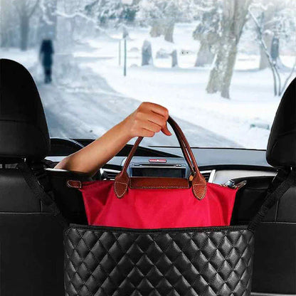 Premium PU leather car storage organiser with multiple compartments and built-in handbag holder for a tidy and organised driving experience.