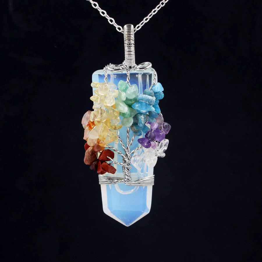 Crystal Column Tree of Life Winding Pendant Necklace in various natural crystal colours