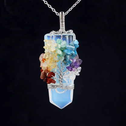 Crystal Column Tree of Life Winding Pendant Necklace in various natural crystal colours