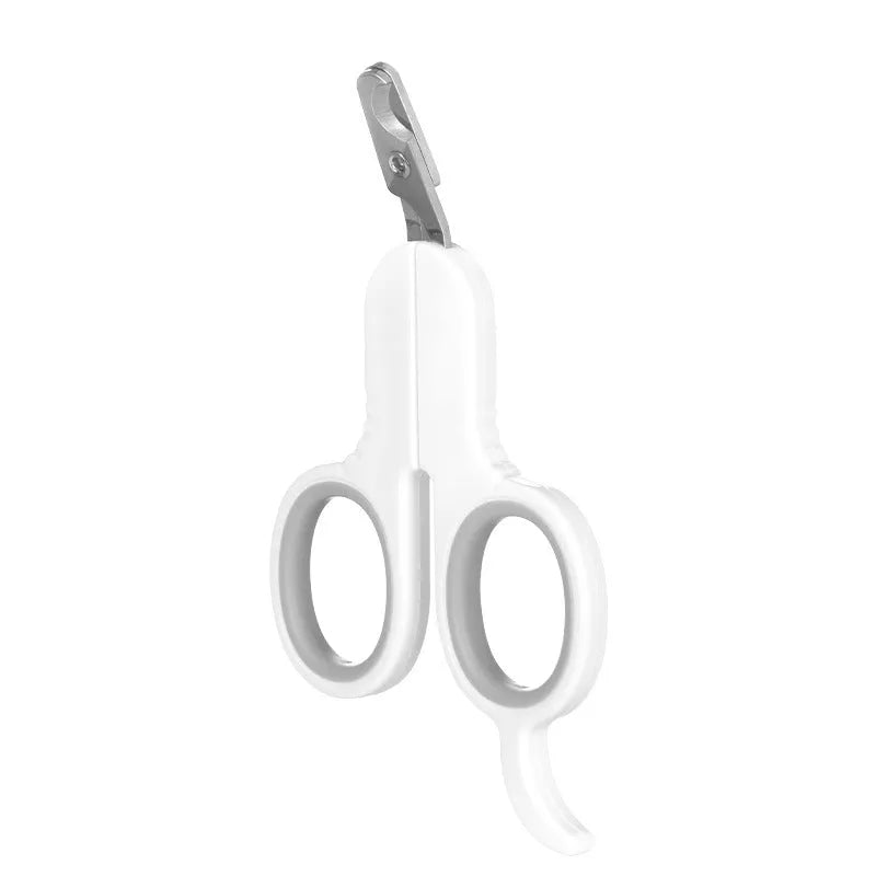 Professional grey and pink pet nail clippers with curved blade tips and ergonomic rubber handles.