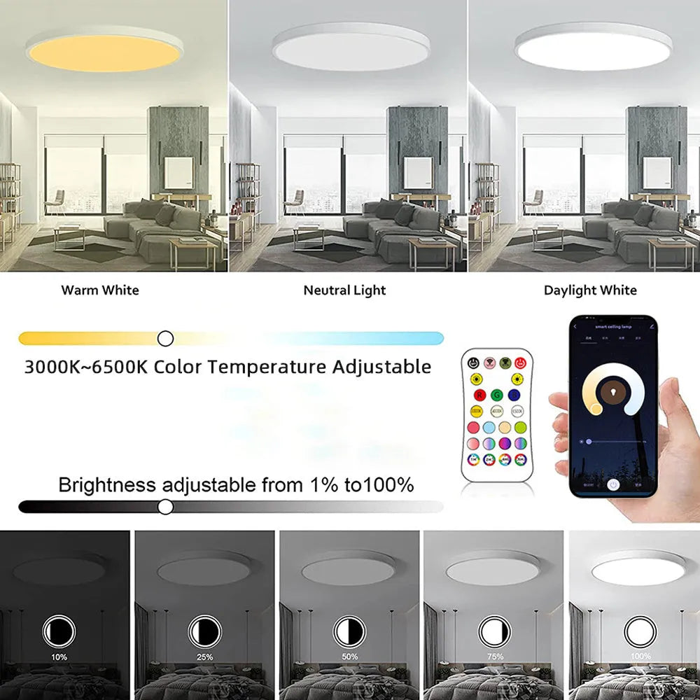 Black or white RGBCW Bluetooth ceiling lamp with 300mm diameter showing full colour dimming and stepless colour temperature control