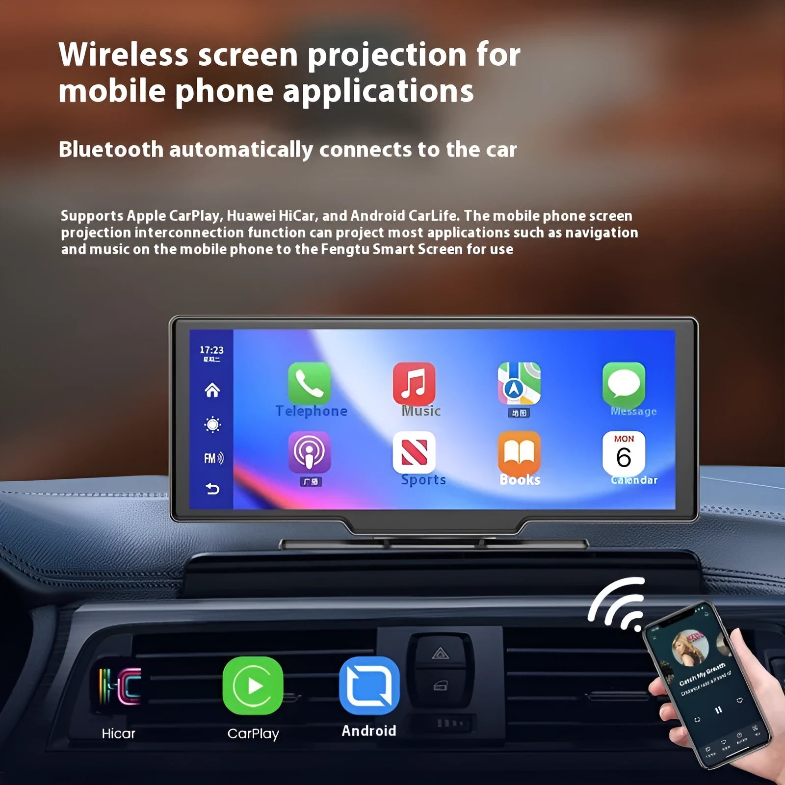 10-inch car touchscreen displaying navigation with front and rear camera views