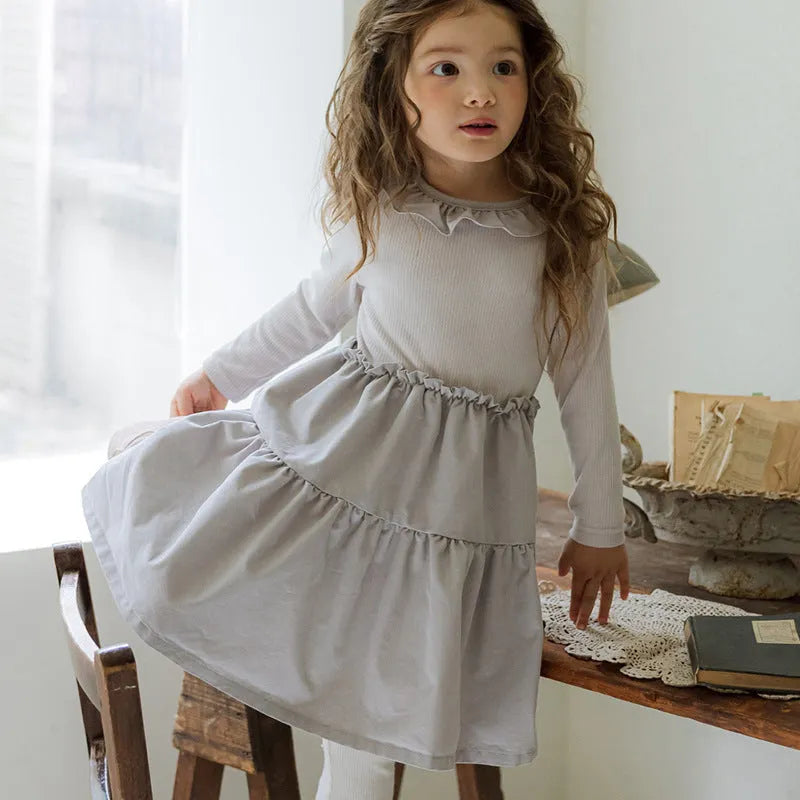 Girl's solid colour cotton princess dress with lace layering stitching, long sleeves, lotus root starch colour