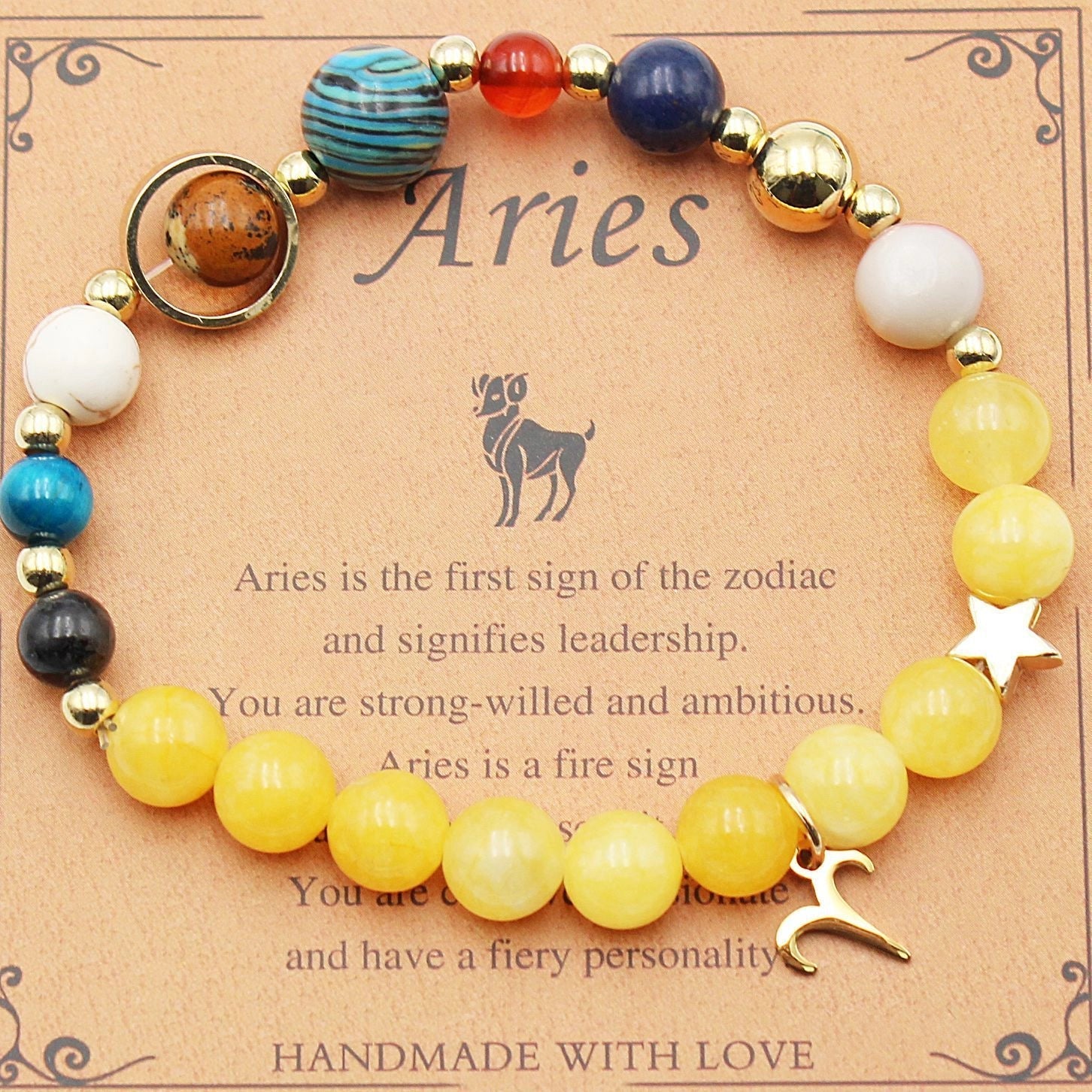 Morgan Stone beaded bracelet with twelve constellation designs, showcasing personalised zodiac signs.