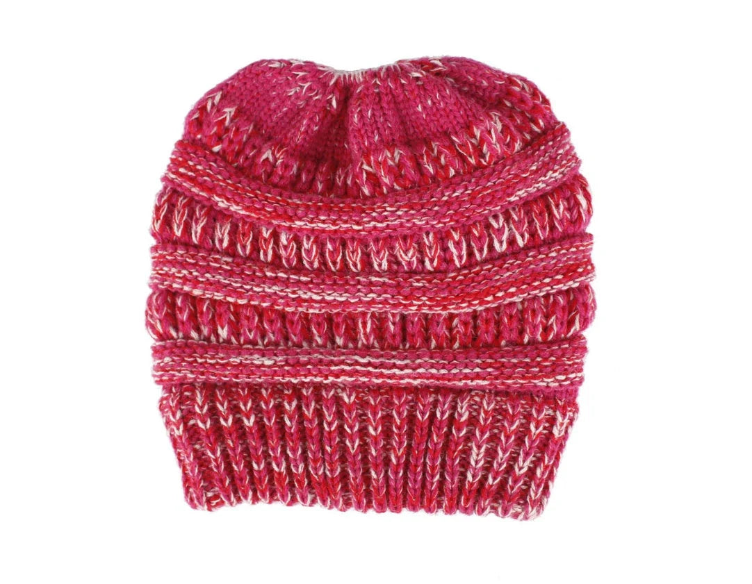 Mixed colour knitted wool hat for ladies with ponytail opening, available in various colours