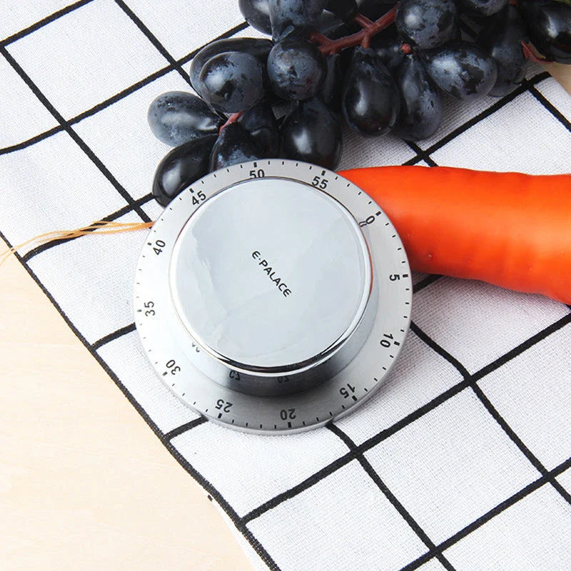 Stainless steel mechanical kitchen timer with magnetic back, no batteries required