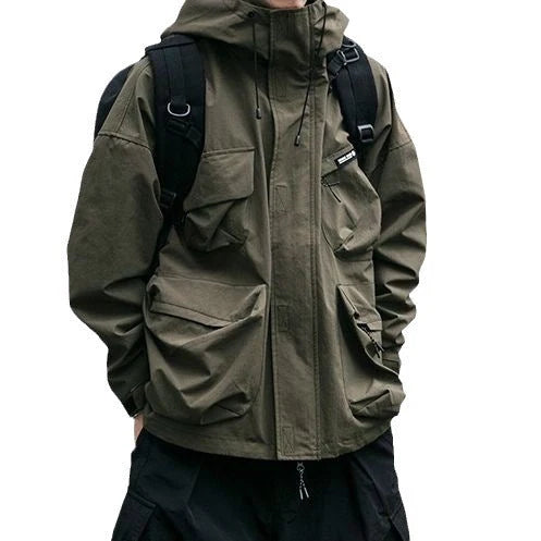 Men's loose hooded jacket with three-dimensional pockets in black, yellow, and green