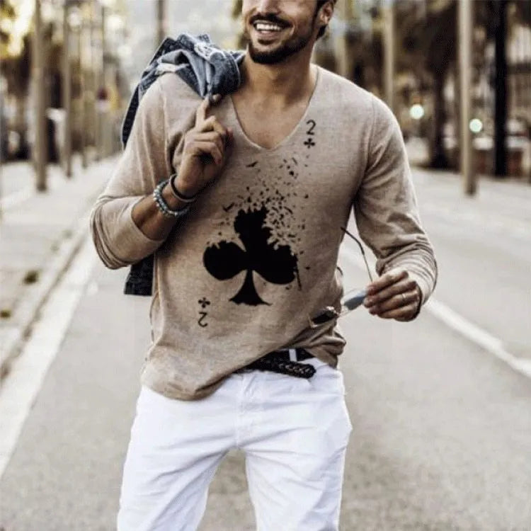 Printed round neck pullover long sleeve bottoming shirt in khaki, 100% cotton, loose fit, cartoon print, size S-3XL