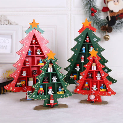 Wooden Christmas tree ornaments in red and green, perfect for festive decoration
